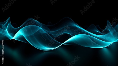 Teal neon lights wave, colorful on black background. Generative ai