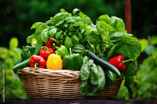 Wicker basket full of assorted vegetables on green leaves background © Venka