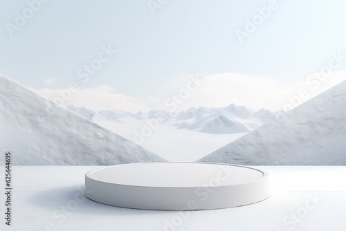 Empty podium, mock up placement display, blank beauty stand for cosmetic product fashion ads on minimal winter snow background