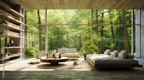 Modern room in house surrounded with forest. Large windows, organic architecture. Generative AI © AngrySun