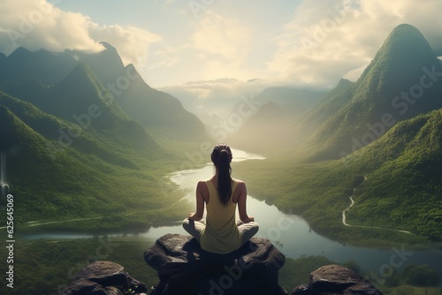 photo of a person sitting on a rock meditating on a beautiful mountain landscape
