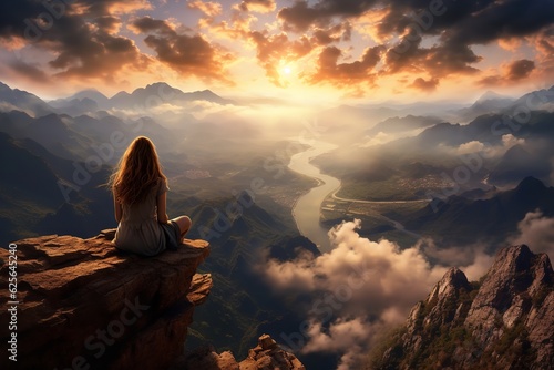 photo of a person sitting on a rock meditating on a beautiful mountain landscape © Pedro