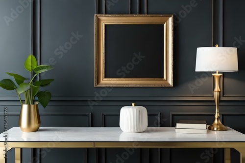Wooden frame mockup on black wall with gold vases, blank vertical frame © indofootage