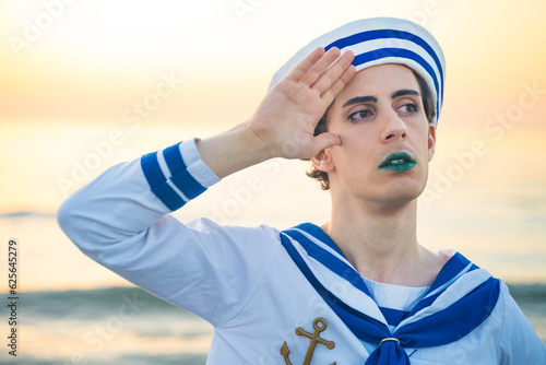 Italian man cosplay Gappy from the anime jojo. Man dressed as a sailor. Blue uniform, amazement. photo