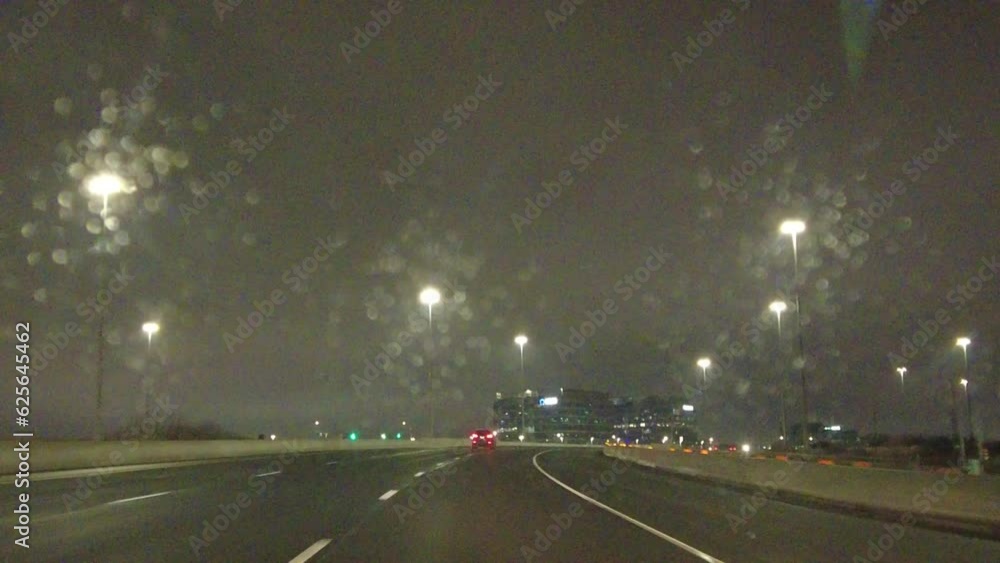 Driving On Highway At Night With Fog And Foggy Windshield View Driving On Highway At Night With Fog And Foggy Windshield View
