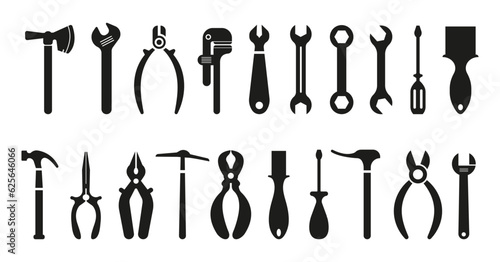  onstruction tools. Adjustable wrench, pliers, hammer vector silhouette. Paint brush for painting walls.
