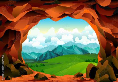 Cave landscape. Summer nature scene of cave entrance. Prehistoric dungeon, rock cavern game illustration. Vector illustration of tunnel in mountain or mine in rocks