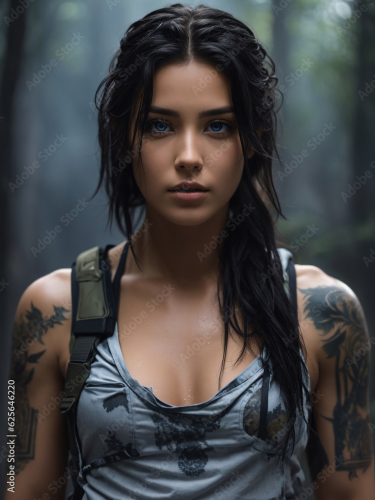 Futuristic beautiful mercenary woman walking in a dark wood, a tattered wet T-shirt, stained and tactical pants, wet hair, black hair, tattooed hands and body, symmetric face- Generative AI photo Futuristic beautiful mercenary woman walking in a dark wood, a tattered wet T-shirt, stained and tactical pants, wet hair, black hair, tattooed hands and body, symmetric face- Generative AI photo
