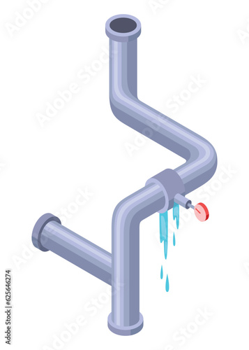 Leaking pipes isometric. Broken pipe tube with leaking water. Plumbing construction pipeline with damage element. 3d industrial water system