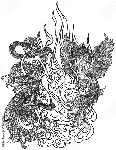 Tattoo art swan china and dragon hand drawing sketch black and white