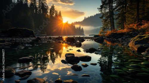 Enchanting Rainforest Sunset: A Serene River Landscape. Generative AI