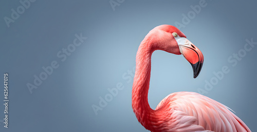 Close up of a flamingo. Set in the right part of the frame on a uniform background. Generative AI