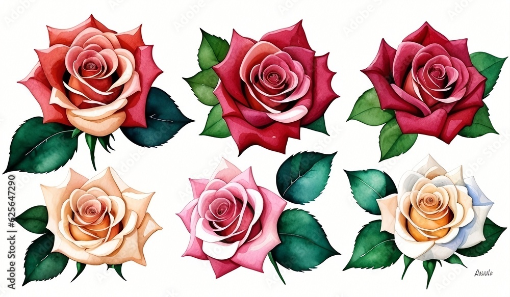 Rose watercolors set, generative ai Rose watercolors set, generative ai