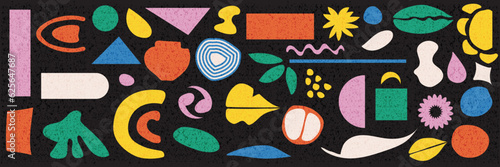Abstract hand drawn geometric shapes with grunge texture. A set of abstract shapes. Hand drawn pattern. Elements for social media. Stickers. Brutal modern shapes circle oval spiral flower petal and ot