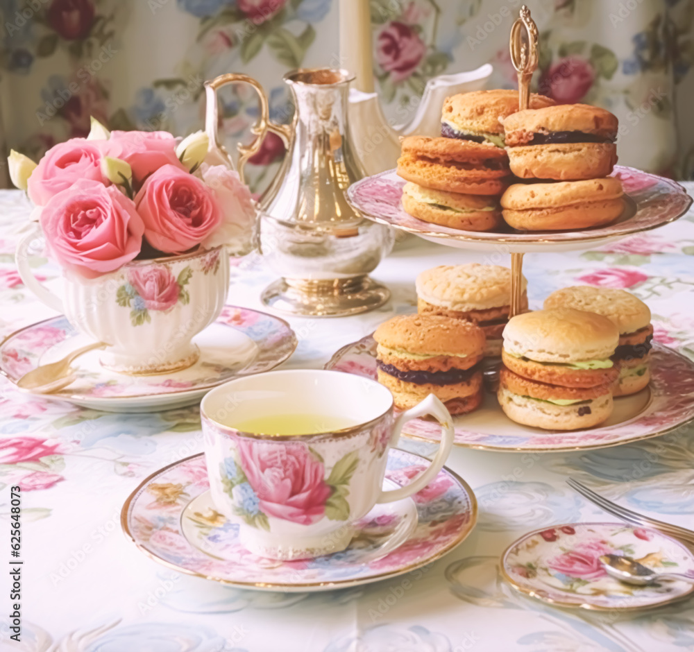 Afternoon tea, English tradition and restaurant service, tea cups, cakes, scones, sanwiches and desserts, holiday table decor and afternoon tea stand with pink flowers, generative ai Afternoon tea, English tradition and restaurant service, tea cups, cakes, scones, sanwiches and desserts, holiday table decor and afternoon tea stand with pink flowers, generative ai