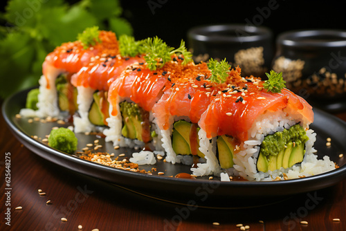 japanese sushi with salmon, uramaki as sushi roll with seeds