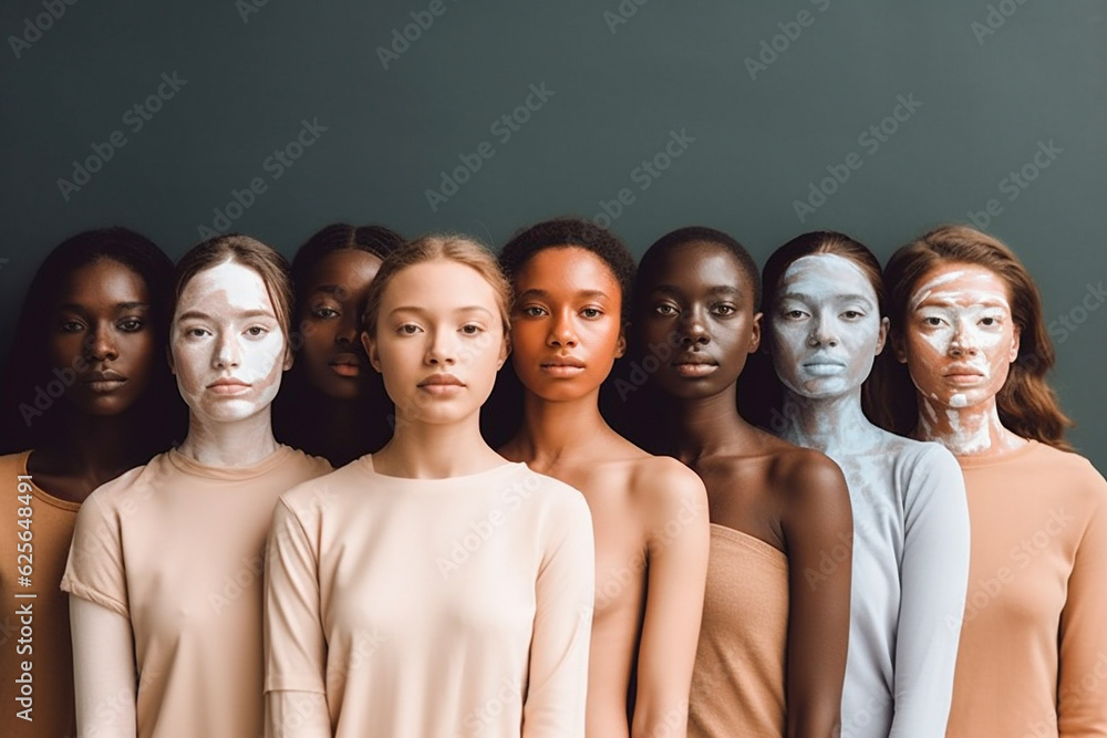 Diversity an tolerance concept. Group portrait of eight beautiful ladies with different skin colour standing together against a solid background. Generative AI. Diversity an tolerance concept. Group portrait of eight beautiful ladies with different skin colour standing together against a solid background. Generative AI.
