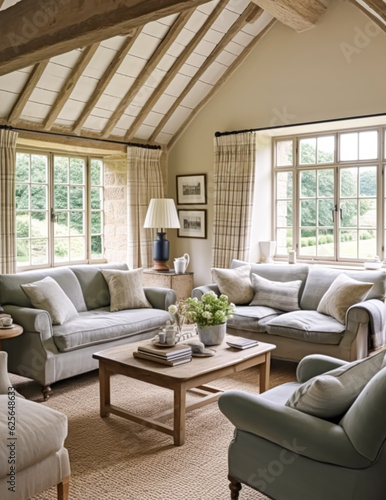 Country cottage lounge decor, sitting room and Cotswolds style interior design, living room furniture, sofa and home decor in elegant English country house style, generative ai © Anneleven