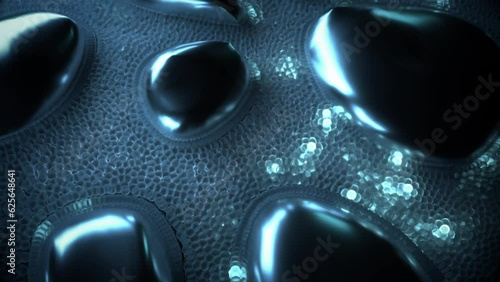 Glowing spheres flying through glossy rocks, stream of blue particles with varied size moving dynamically. Shining balls flow across surface with reflective obstacles. photo