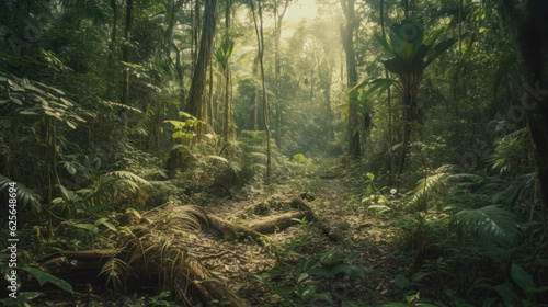 Panorama of dense jungle, wild forest with palm trees and tropical plants.
