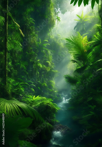 Green beautifull jungle background  Generative AI Illustration.