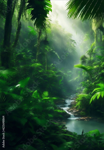 Green beautifull jungle background, Generative AI Illustration.