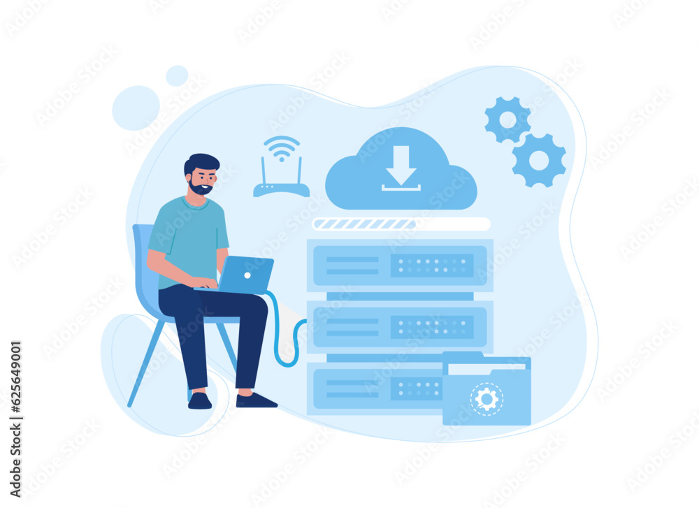 A man transfers laptop data to cloud storage hosting concept flat illustration A man transfers laptop data to cloud storage hosting concept flat illustration