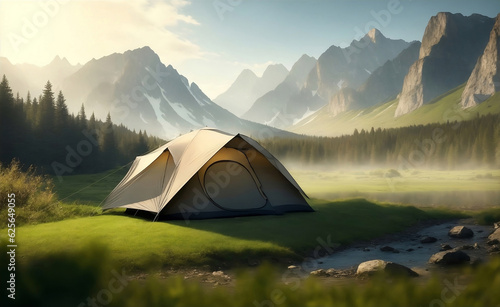 A tent with beautiful nature background, Generative AI Illustration.