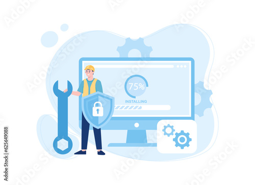 IT support is repairing the computer software installation process concept flat illustration