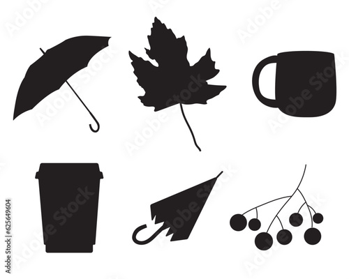 A set of umbrellas, leaf, mug, papper cup, rowan silhouettes elements i black on white background for icons, webs, apps