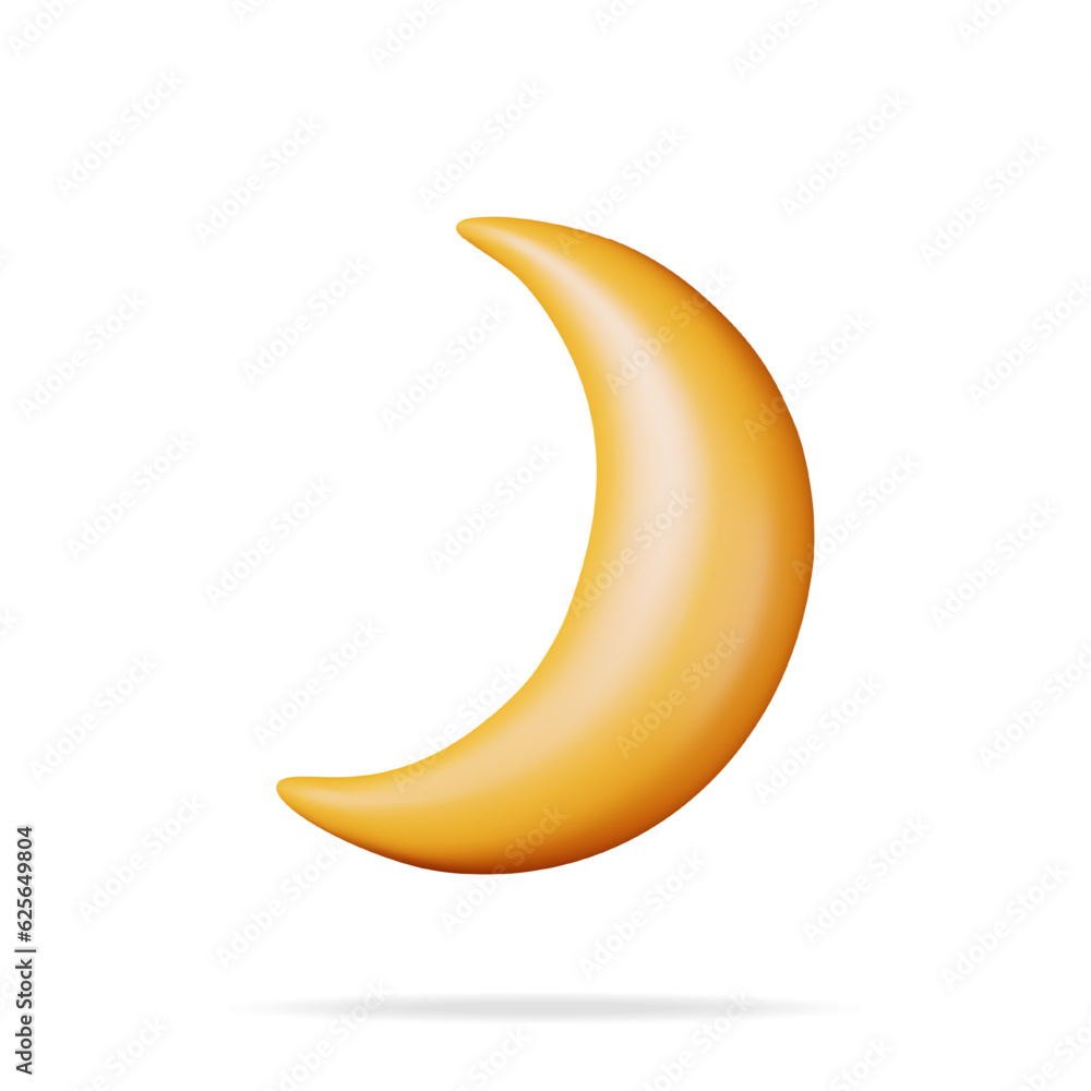 3D Crescent Moon Icon Isolated on White. Render Yellow Shiny Half Moon Symbol. Night or Evening Sign. Muslim Holidays. Cartoon Vector Illustration 3D Crescent Moon Icon Isolated on White. Render Yellow Shiny Half Moon Symbol. Night or Evening Sign. Muslim Holidays. Cartoon Vector Illustration