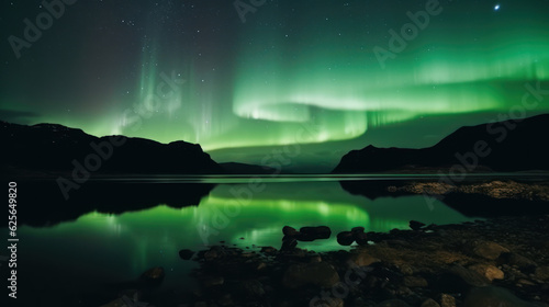 panorama with northern lights in night starry sky against background of mountains and lakes.
