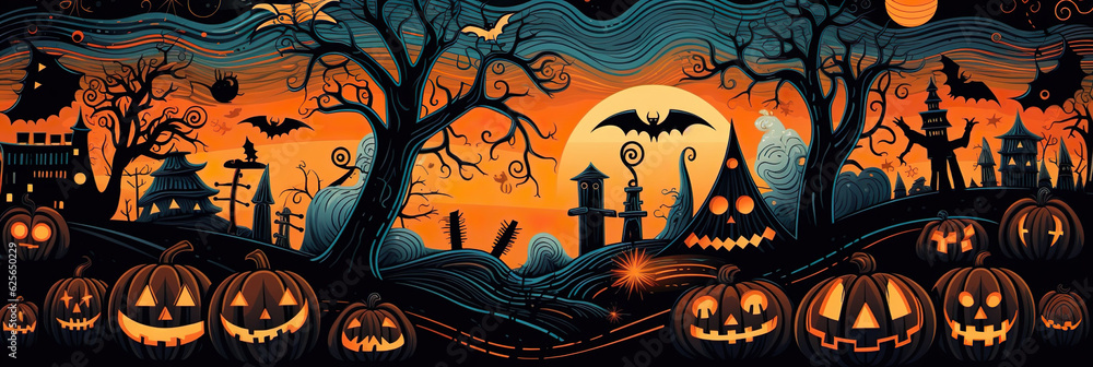 Halloween pumpkin patch in the moonlight. Jack O Lantern party. Horizontal banner.