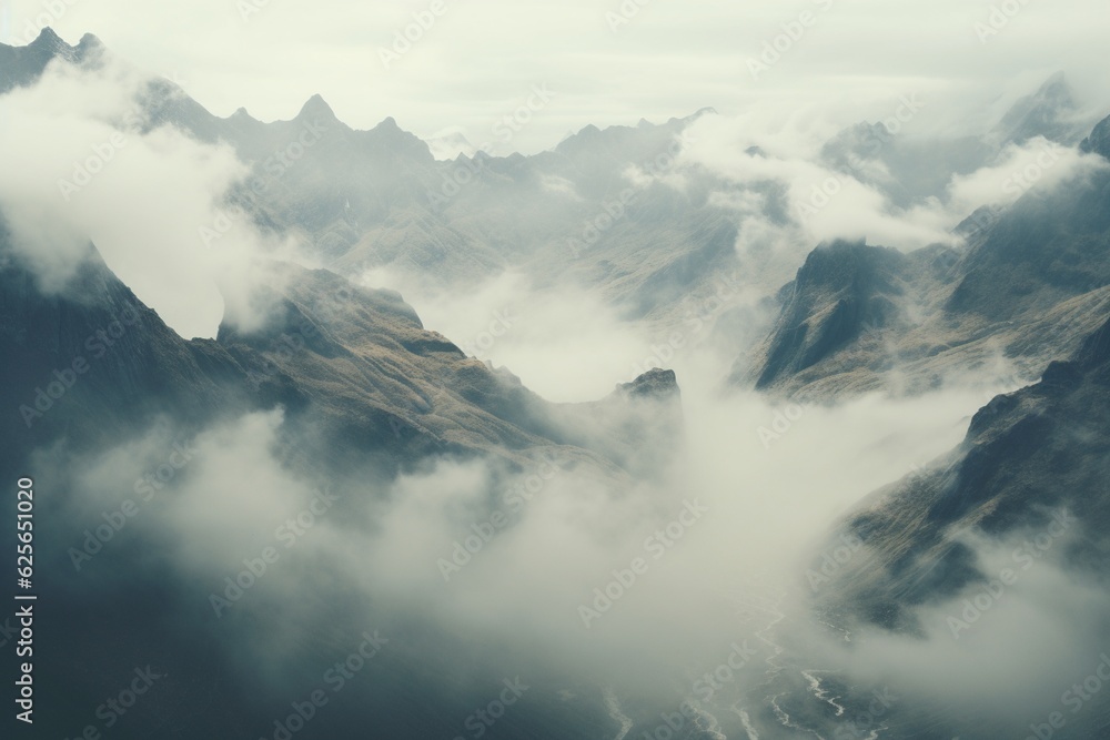 Photograph of mountainous landscapes covered in fog, Generative AI
