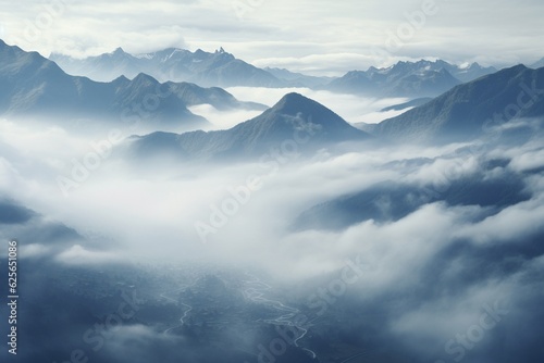 Photograph of mountainous landscapes covered in fog, Generative AI © Nino40