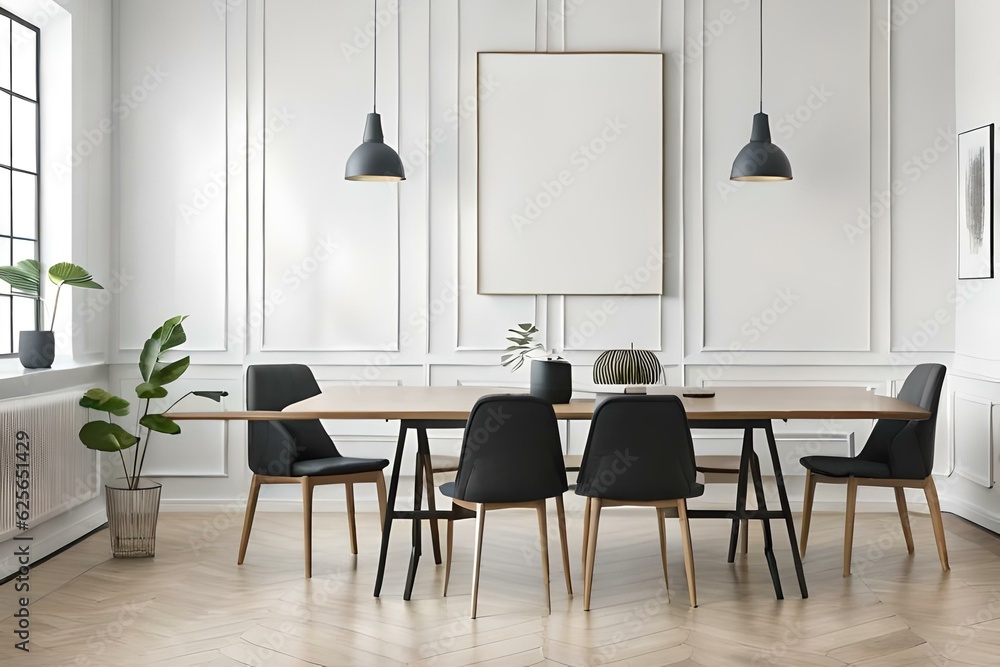 Fototapeta premium Blank picture frame mockup on white wall. White dining room design. View of modern scandinavian style interior with chair. Vertical template for artwork, painting, photo or poster