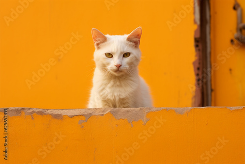 white cat wearing yellow background © bojel