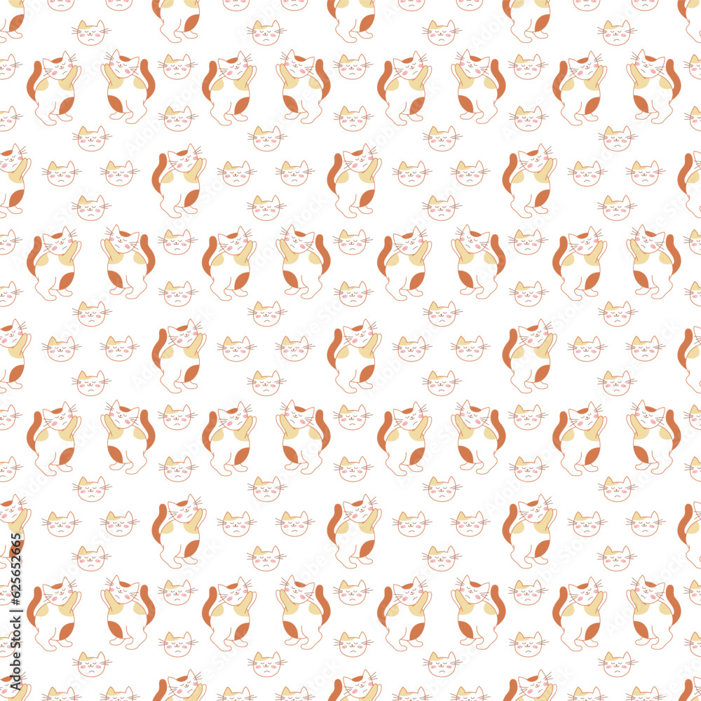 Seamless pattern with a cute cat, which asks for hands and a cat's muzzle. Doodle color vector illustration.
