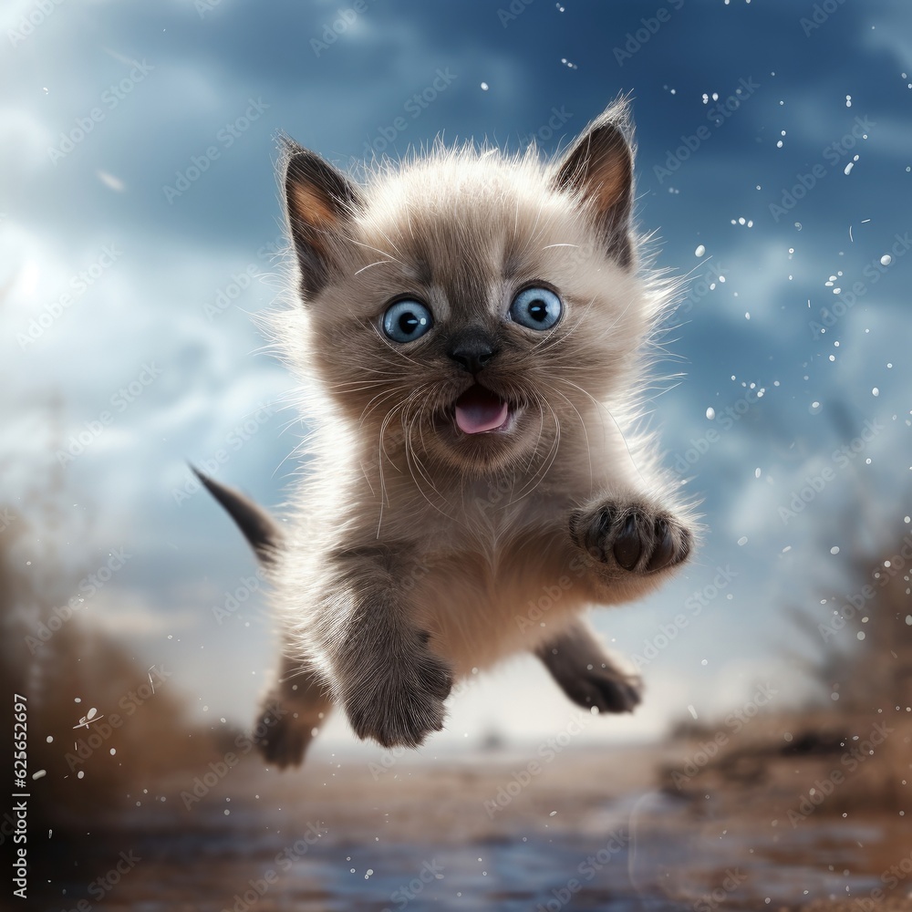 A playful siamese kitten in 3D illustration, captured mid-leap ai generate