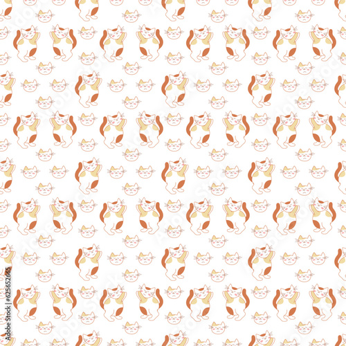 Seamless pattern with a cute cat, which asks for hands and a cat's muzzle. Doodle color vector illustration. © el_mirik_design