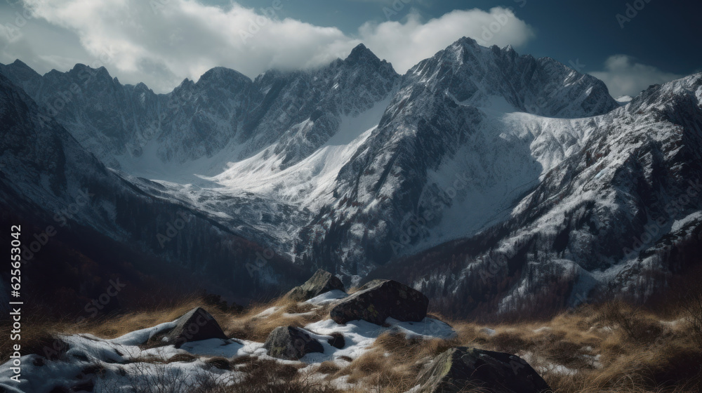 Obraz premium Picturesque view of high mountain peaks covered with snow.