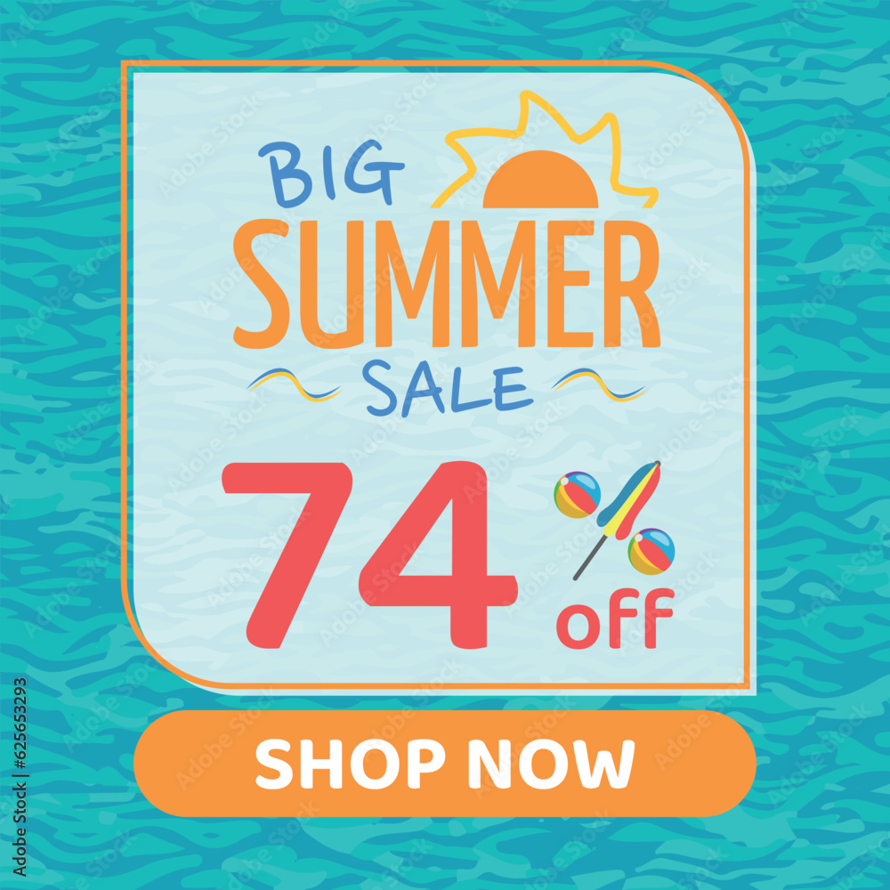 Big Summer Sale 74% off, Orange and Blue, Beach Balls and Beach Umbrella form the Percentage Symbol, Pool Water Background, Shop Now