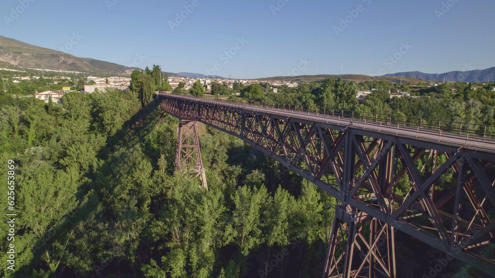 Old iron bridge over the grove. Aerial view of old railway bridge. Andalusia. Spain.