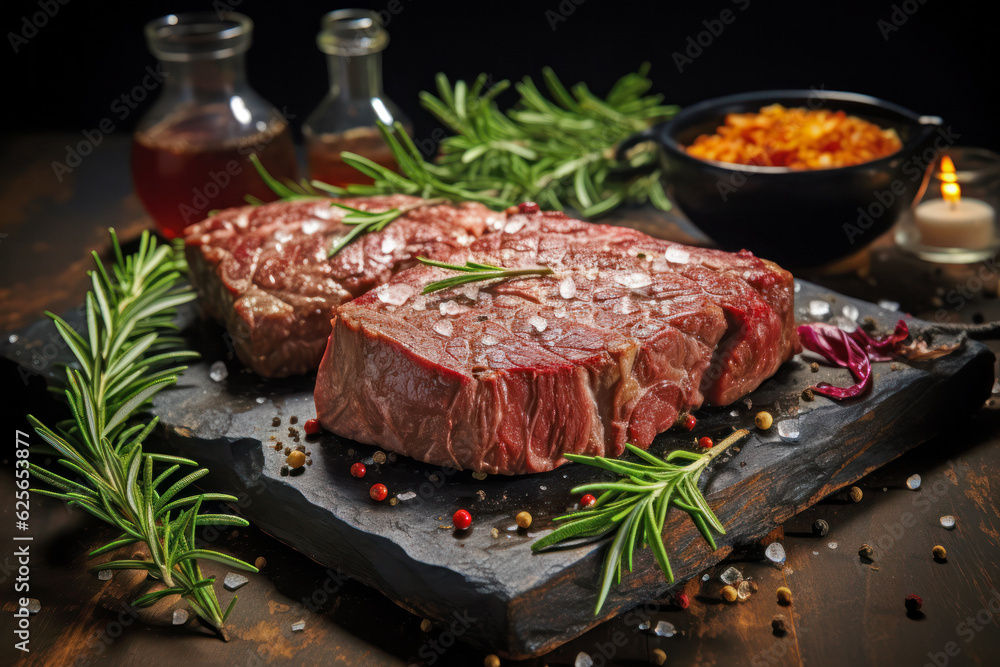 Raw cowboy steak. Marbled beef meat with spices on a stone background. 