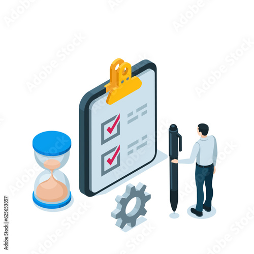 a man with a pen near a clipboard with checkmarks in color on a white background, filling out a test or a business plan, isometric concept