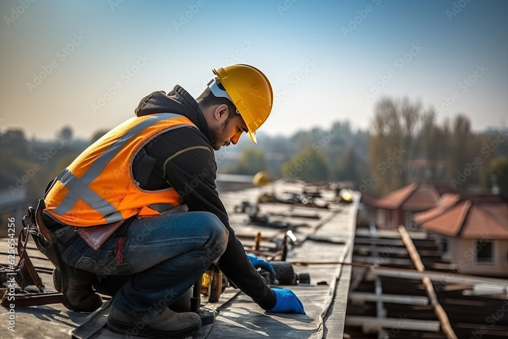 Construction worker wearing safety harness belt during working on roof structure of building on construction site Construction worker wearing safety harness belt during working on roof structure of building on construction site