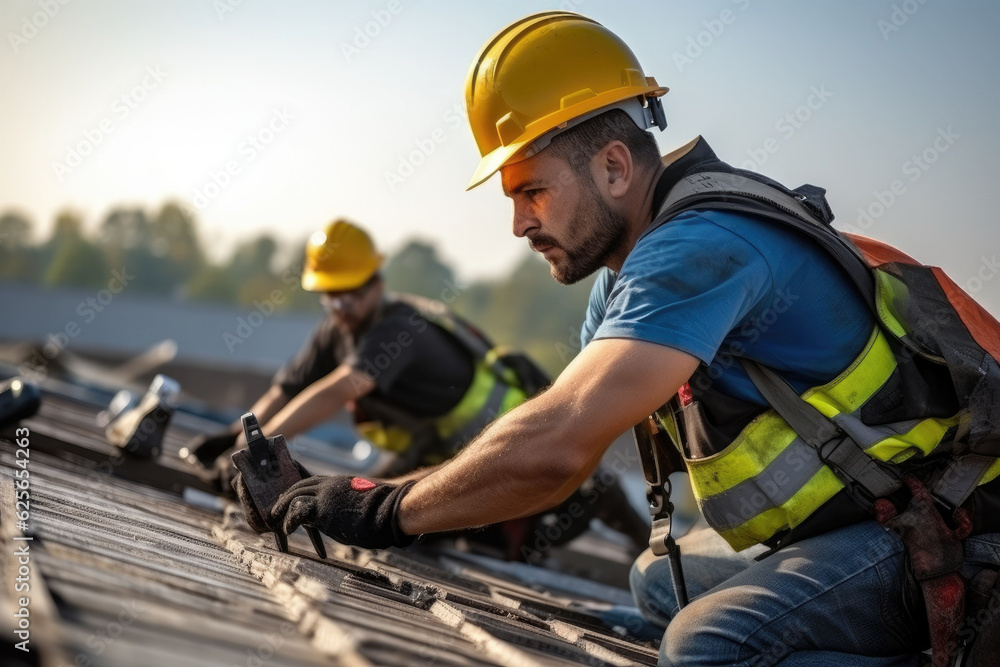 Construction worker wearing safety harness belt during working on roof structure of building on construction site - obrazy, fototapety, plakaty 