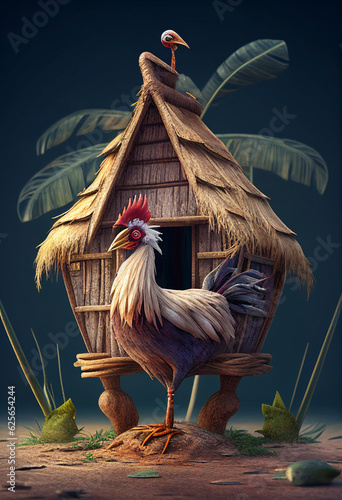 A wooden hut and a row stands a rooster on one leg. AI Generated