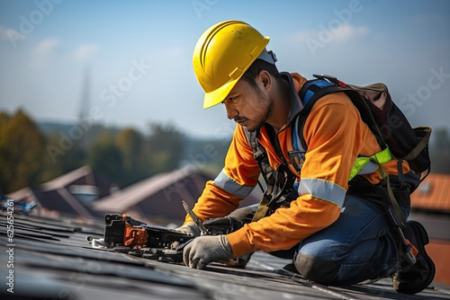 Construction worker wearing safety harness belt during working on roof structure of building on construction site