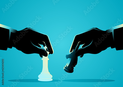 Business concept of businessmen playing chess, featuring a king chess piece against a knight chess piece, competition, and strategic moves in business
